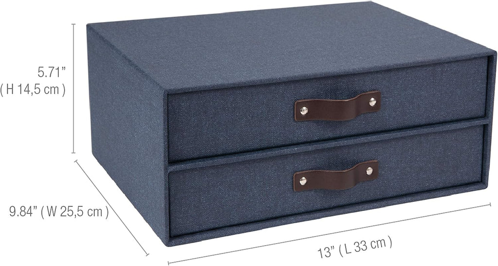 Bigso Birger 2-Drawer Canvas Fiberboard Easy Pull Handle Document Letter Box | Desktop Drawers for Loose Papers and Documents | Desktop Storage Drawers with Leather Handles | 13.1” x 10” x 5.7” | Blue