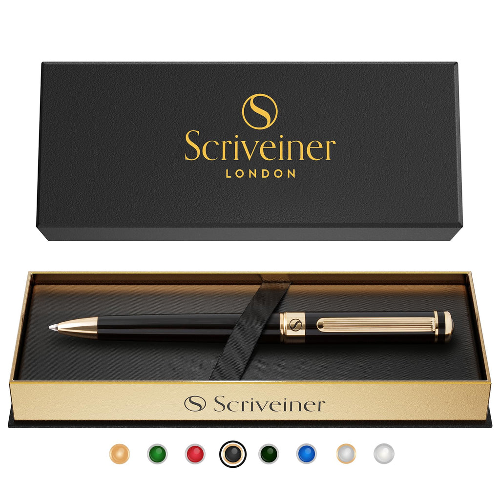Scriveiner Gold Ballpoint Pen - Stunning Luxury Pen, Real Gold Plating, Schmidt Black Refill, Best Ball Pen Gift Set for Men & Women, Professional Executive Office, Nice Fancy Designer Pens