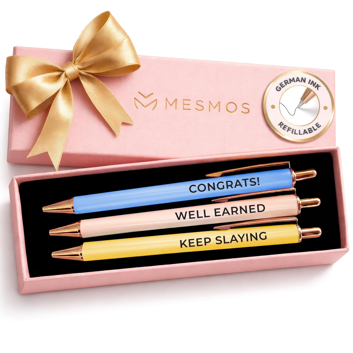 MESMOS 3pk Cute Cat Pens, Sassy and Funny Cat Lover Gifts for Women, Aesthetic Ballpoint Pens Beautifully Packaged, German-made Ink and Swiss-made Ink