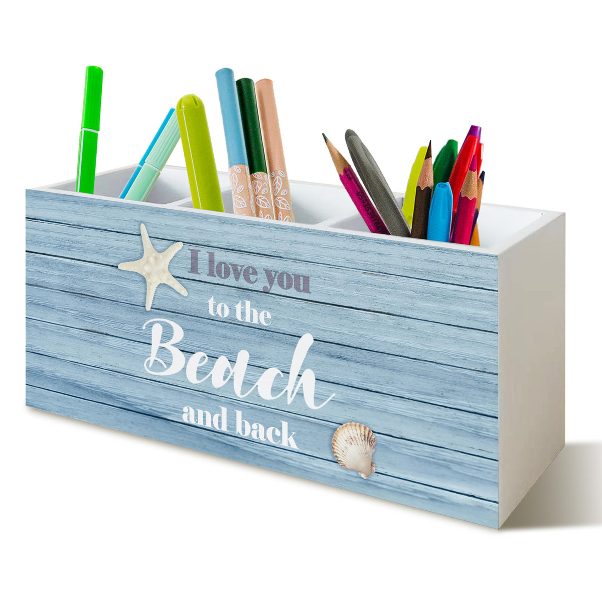 Beach Gifts for Women Men, The Beach Is My Happy Place Pen Holder for Home Office Kitchen Desk Decor, Beach Wooden Pencil Holder Sign Organizer for Home Office Desk Accessories,