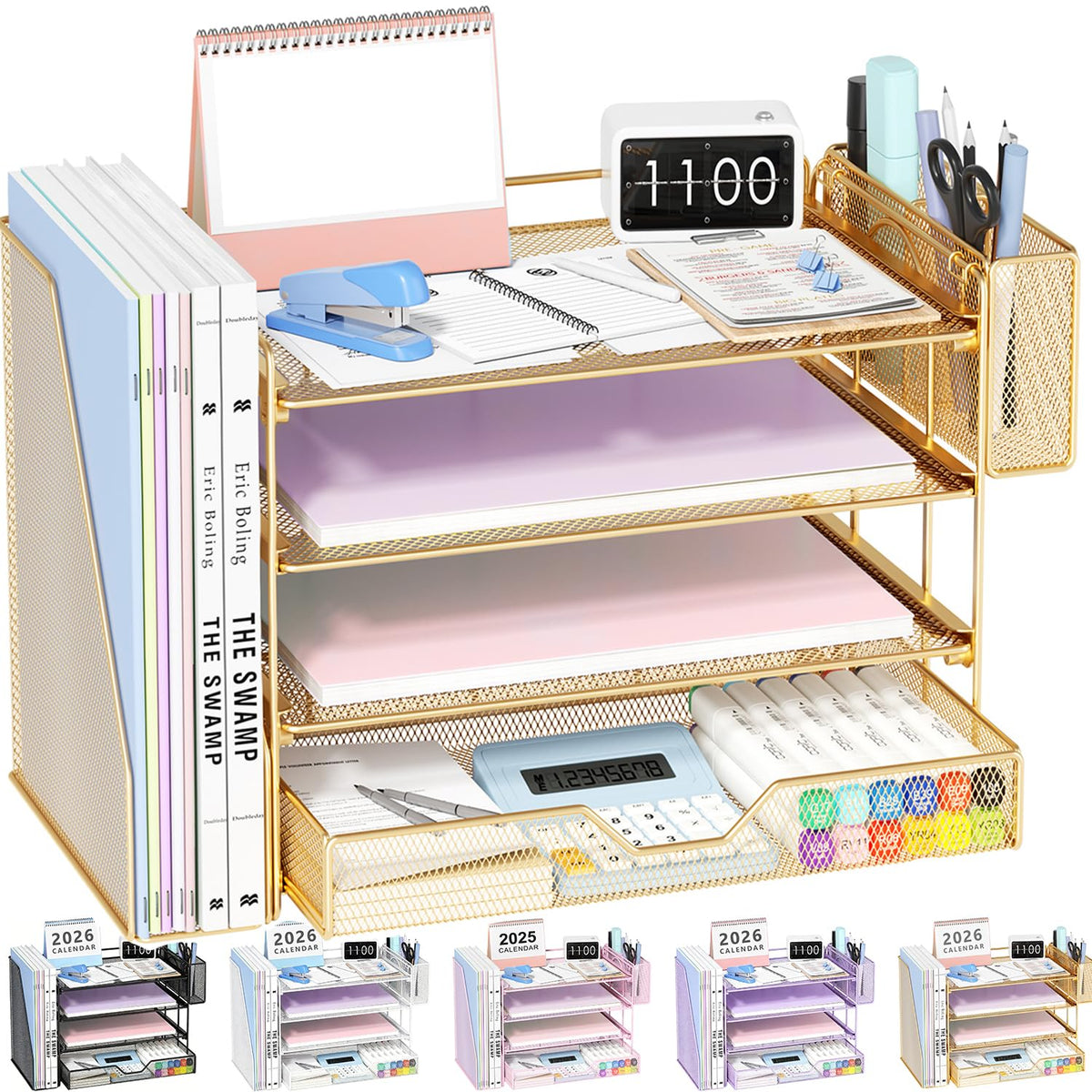 OPNICE Desk Organizer, 4-Tier Desktop File Organizer with Drawer and Pen Holders, Office Desk Accessories, File Sorters, Workspace Organizers for Office Supplies(Black)