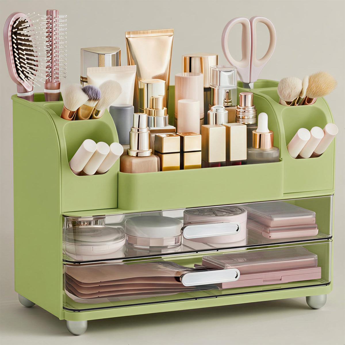 HBlife Makeup Organizer for Vanity with Brush Holder, Large Bathroom Countertop Cosmetic Organizer Skin Care Storage, Easy to Store Lipsticks, Nail Polishes, Perfumes, Eyeshadow Palettes, Beige