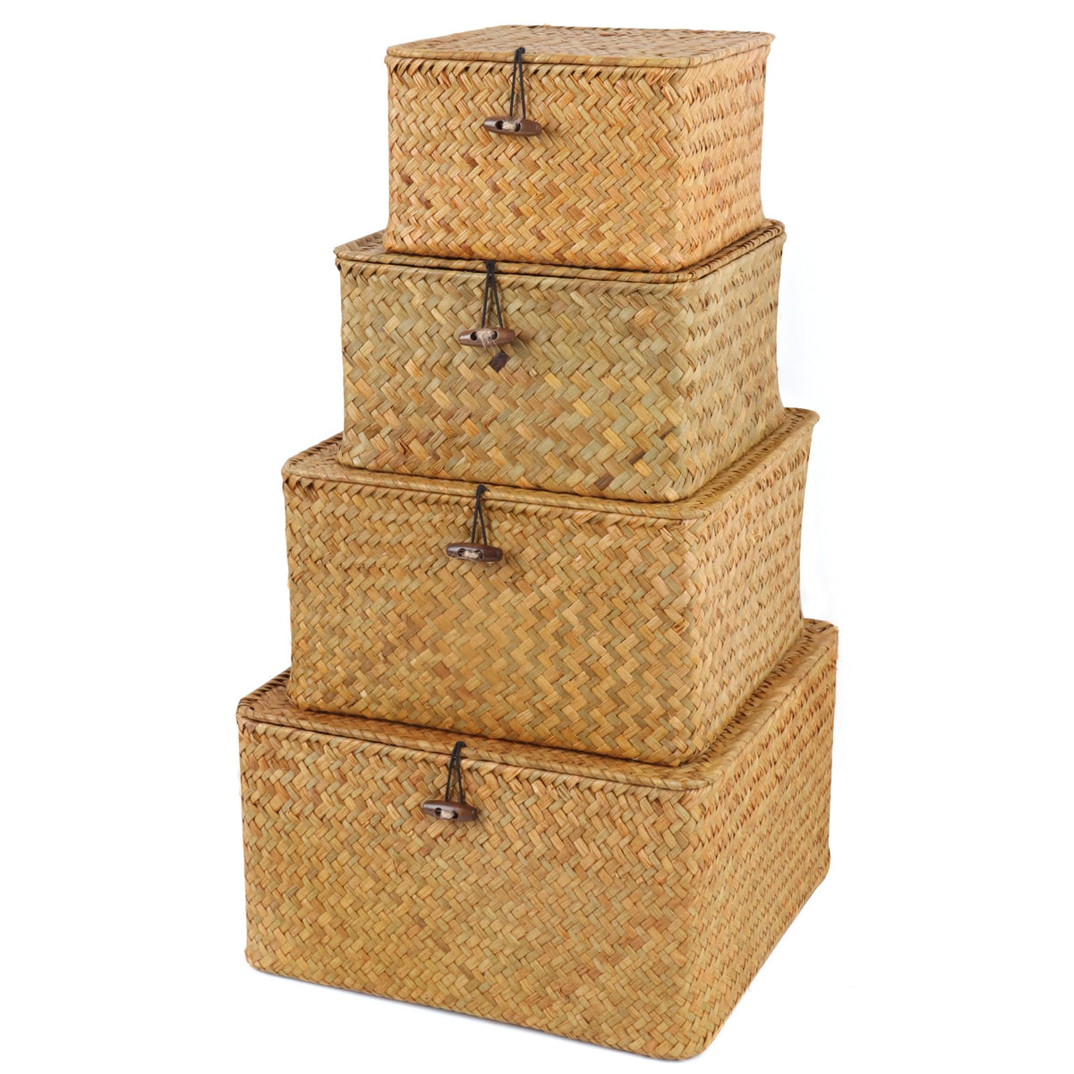 Moosky Wicker Shelf Baskets with Lid, Handwoven Seagrass Storage Basket Bins Square Gift Boxes for Shelves Home Decor Organizer (Natural, X-Small)