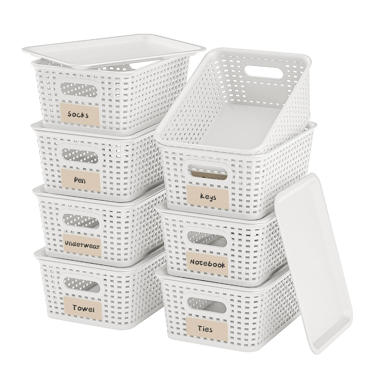 6 Pack Plastic Storage Baskets,White bamboo lid storage Box