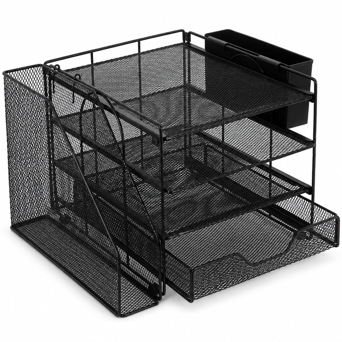 OPNICE Desk Organizer, 4-Tier Desktop File Organizer with Drawer and Pen Holders, Office Desk Accessories, File Sorters, Workspace Organizers for Office Supplies(Black)