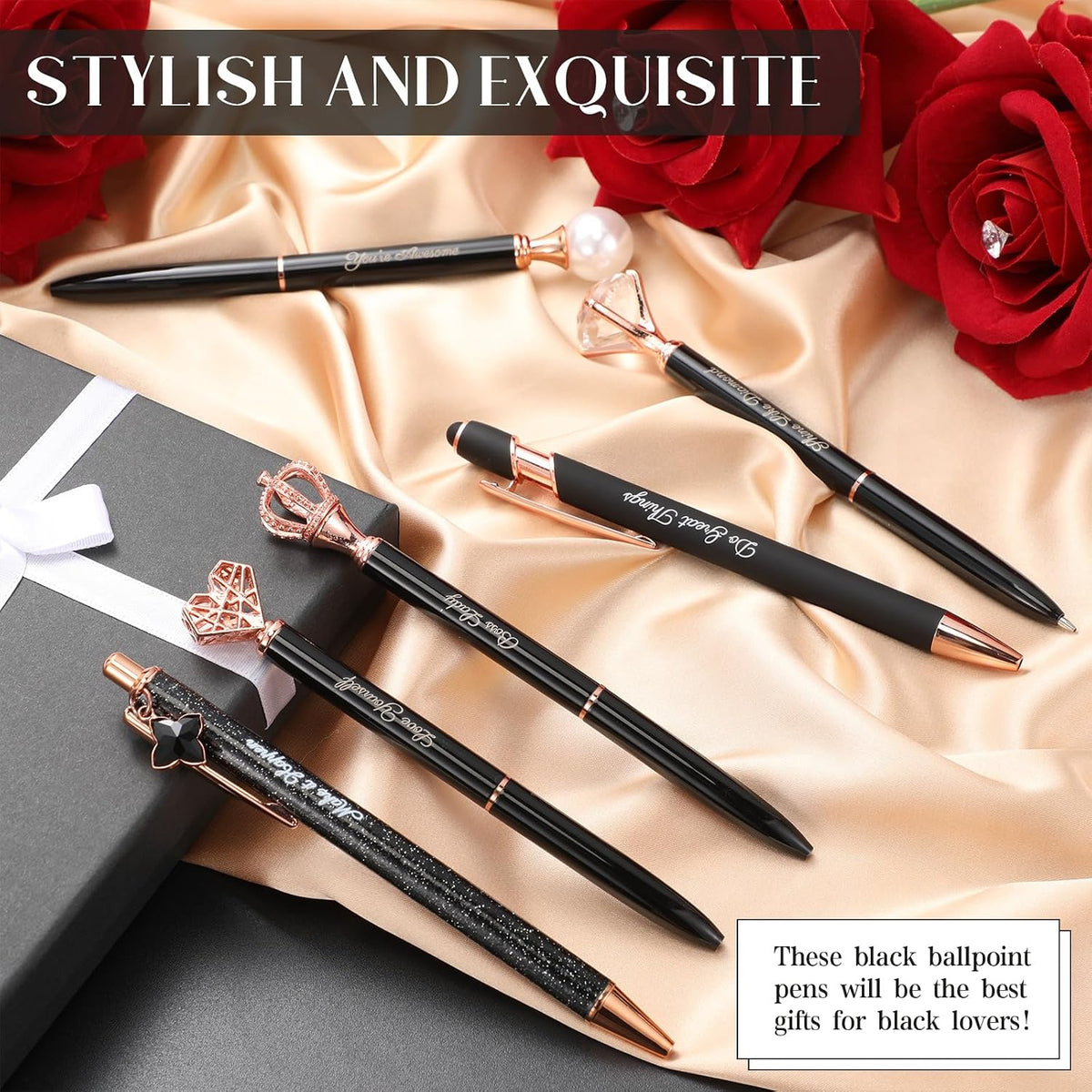 Qeeenar 6 Pcs Fancy Pens for Women Crystal Diamond Pen with Box, Black