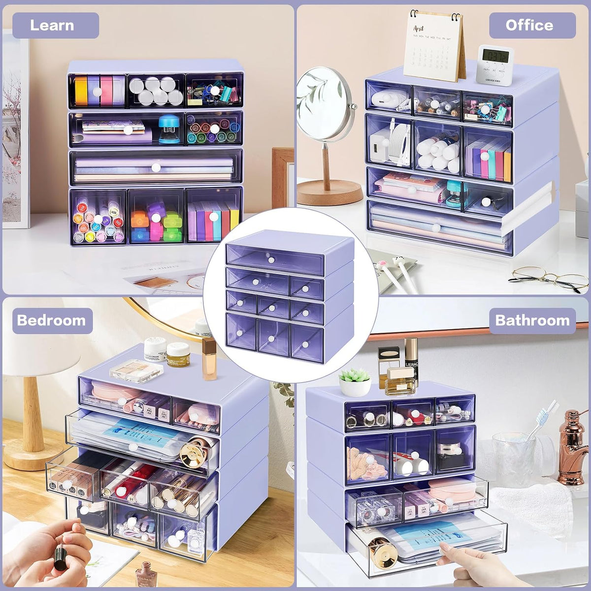 Desk Storage Organizer with 9 Drawers, 4 Tiers Stackable Desktop Craft Storage Drawers, Clear Storage Box Caddy for Stationary Makeup Jewelry Office Craft Supplies (Purple)