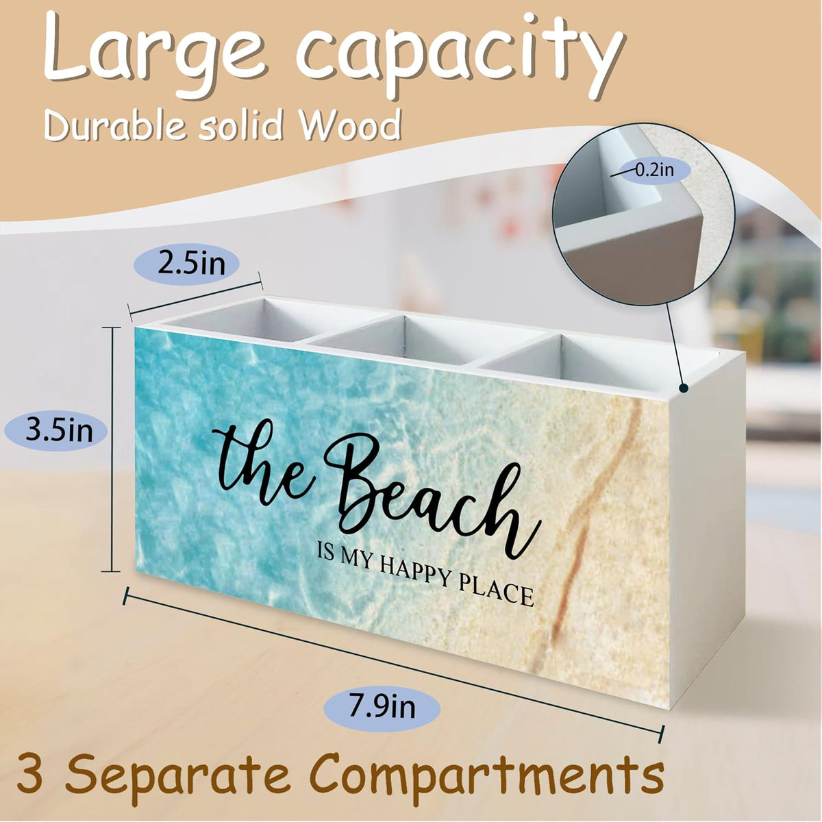 Beach Gifts for Women Men, The Beach Is My Happy Place Pen Holder for Home Office Kitchen Desk Decor, Beach Wooden Pencil Holder Sign Organizer for Home Office Desk Accessories,