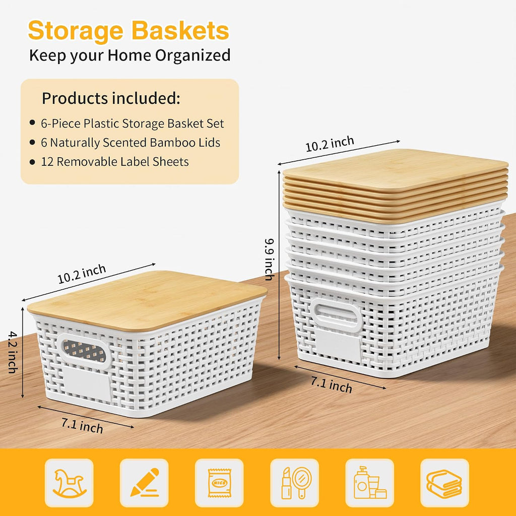 6 Pack Plastic Storage Baskets,White bamboo lid storage Box