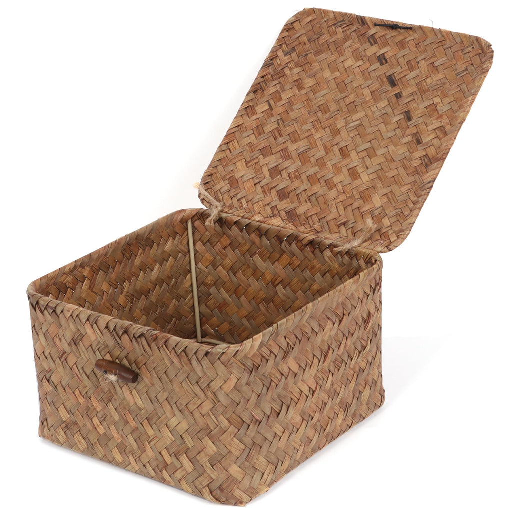 Moosky Wicker Shelf Baskets with Lid, Handwoven Seagrass Storage Basket Bins Square Gift Boxes for Shelves Home Decor Organizer (Natural, X-Small)