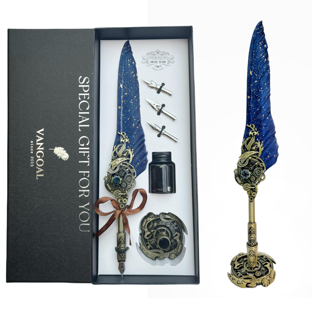 VANGOAL Peacock Feather Pen and Ink Set with Gift Box, Vintage Quill Pen for Writing, Calligraphy Pen Set for Office Supplies, Birthday, Wedding, Christmas Gift (Green - Peacock Feathers)