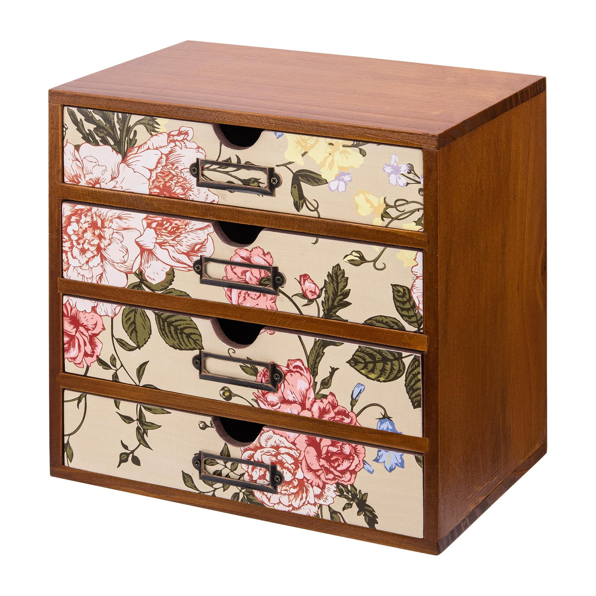 4-Drawer Vintage Desk Wood Storage Box With Drawers in Floral Chintz - Wooden Table Organizer I End Clutter & Dullness, Personalize Your Workspace - Beautiful Flower Design for Office & Home