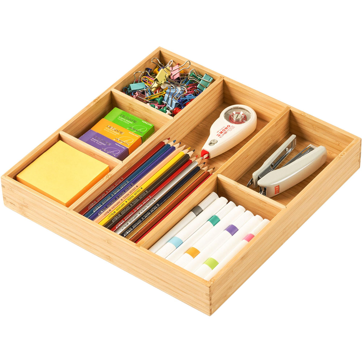 Umilife Bamboo Desk Drawer Organizer, Wood Junk Organizer Tray with Adjustable Dividers, Anti-Skip Storage Organization in Office Bathroom Drawer for Vanity, Makeup, 12" x 9"