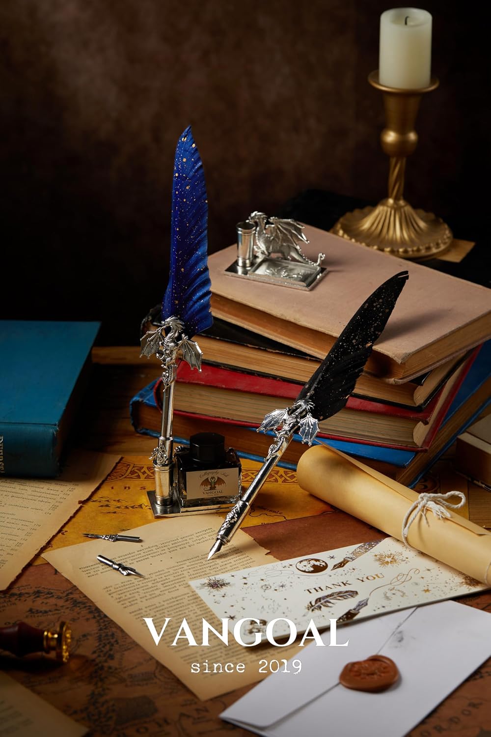 VANGOAL Dragon Quill Pen and Ink Set, Vintage Dragon Feather Pen with Novelty Pen Base, Retro Carving Dip Pen Calligraphy Pen Gift Set for Writing, Drawing(Dark Blue)