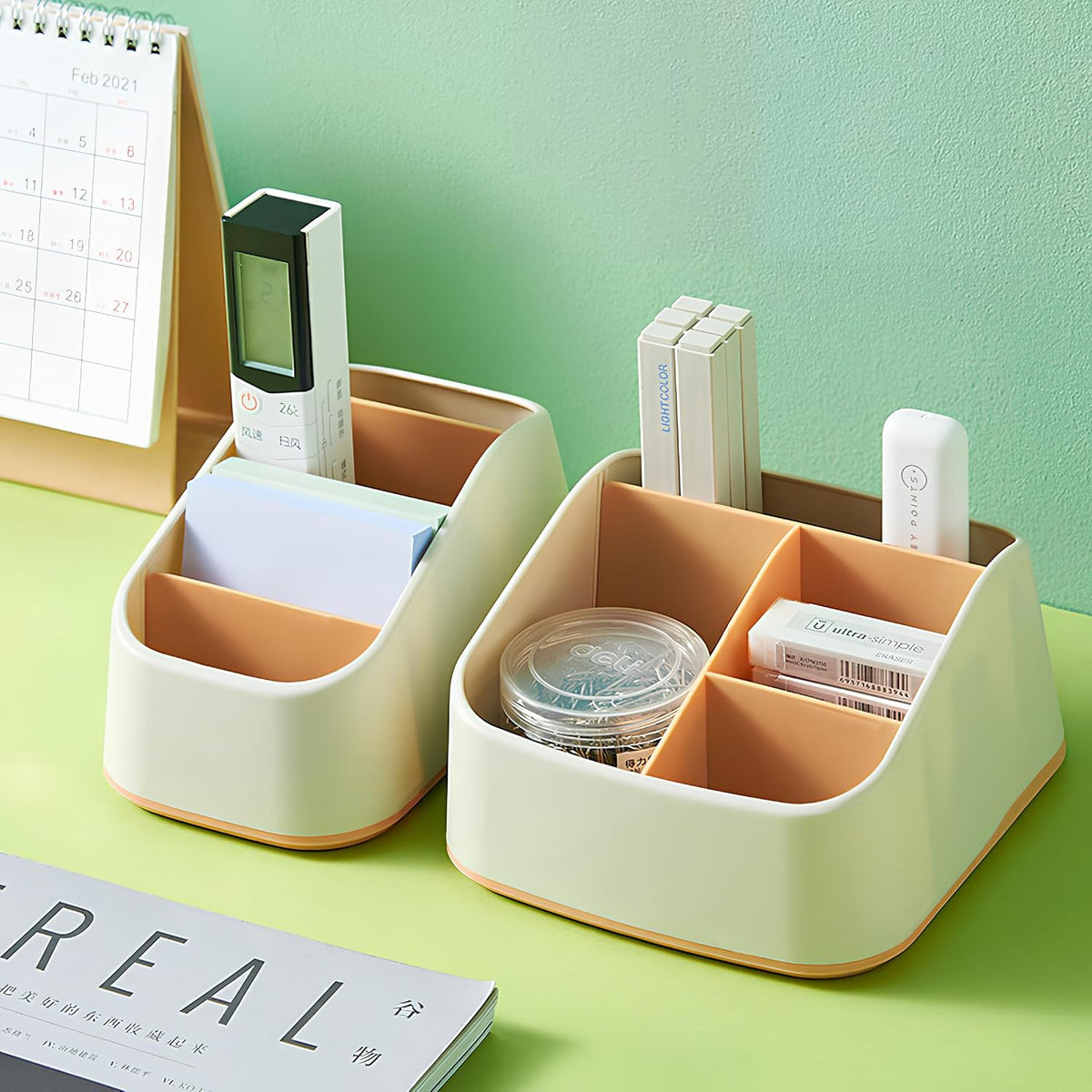 Desktop Organizer 4 Compartments, Plastic Desk Storage Box for Office Home (Orange)