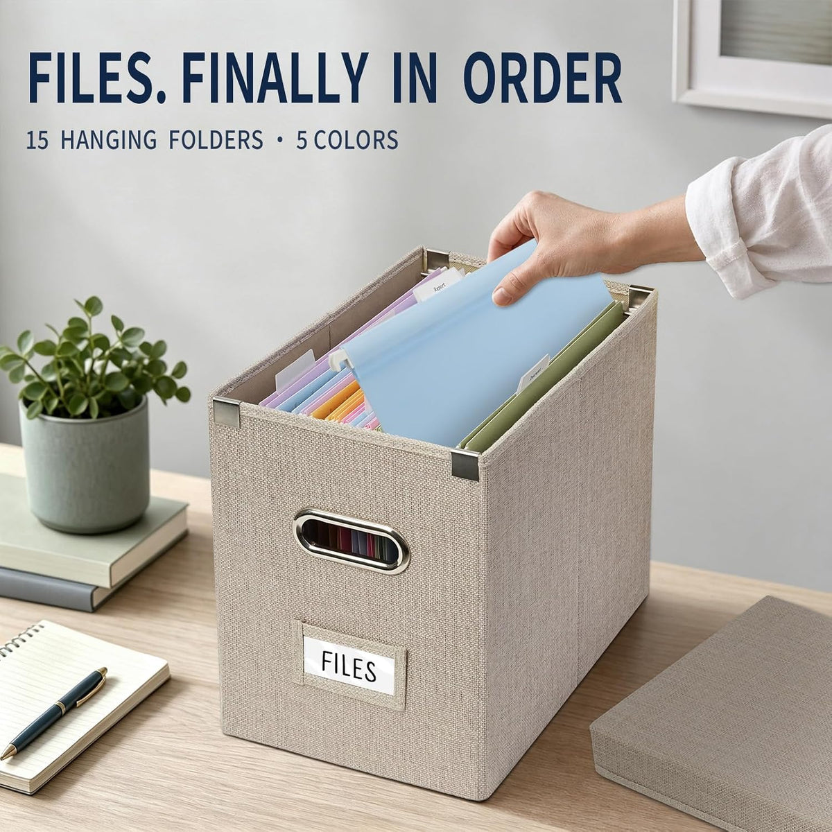 File Organizer Box with 15 Hanging File Folders, Lift-Off Lid