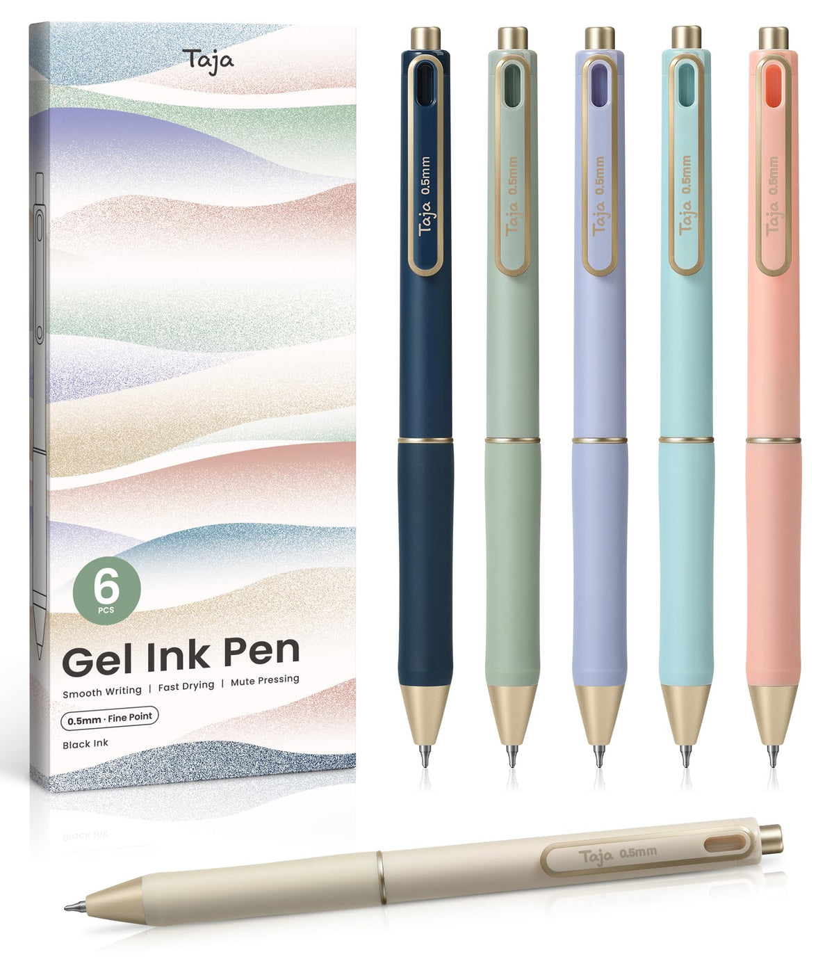 Taja Gel Pens, 6 Pcs Quick Dry Black Ink Pens, 0.5mm Fine Point, Pastel