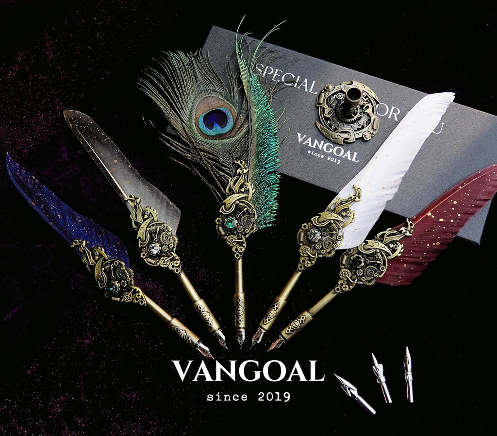 VANGOAL Peacock Feather Pen and Ink Set with Gift Box, Vintage Quill Pen for Writing, Calligraphy Pen Set for Office Supplies, Birthday, Wedding, Christmas Gift (Green - Peacock Feathers)