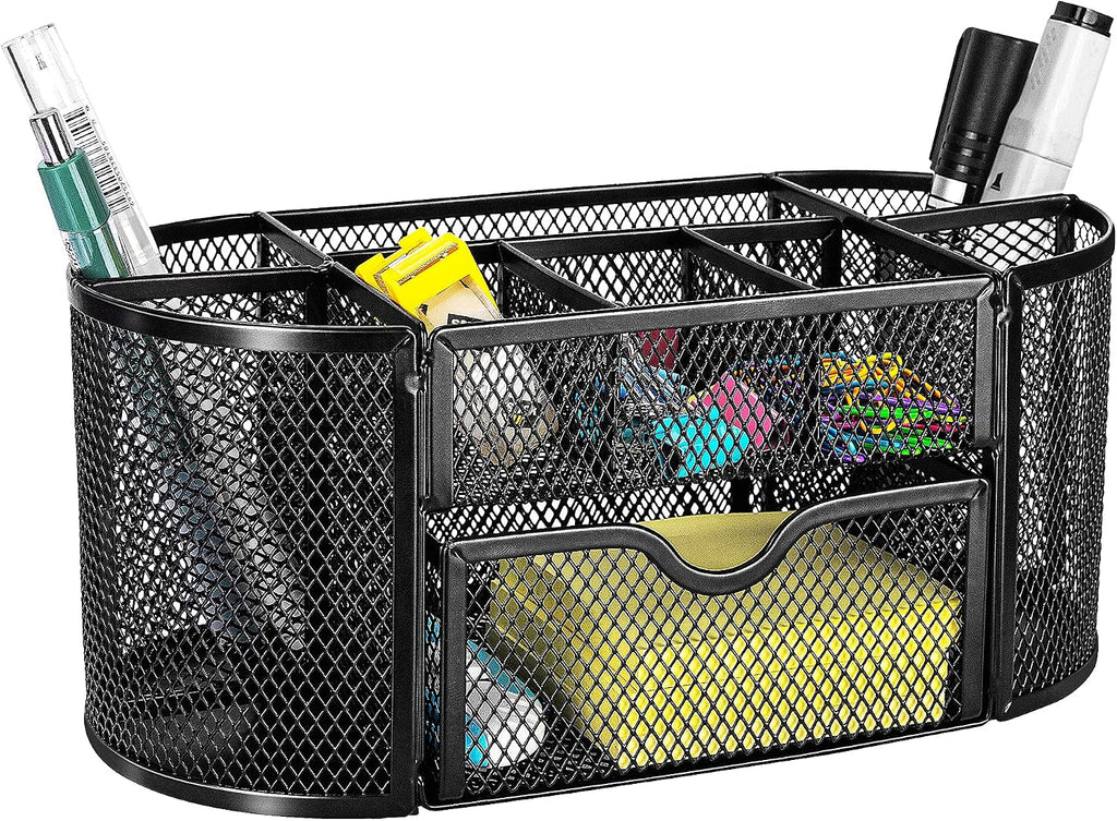 Amazon Basics Mesh Desk Organizer with Pen Holder, Pullout Drawer and Office Caddy Storage, 9.25" x 4.53" x 3.94", Black