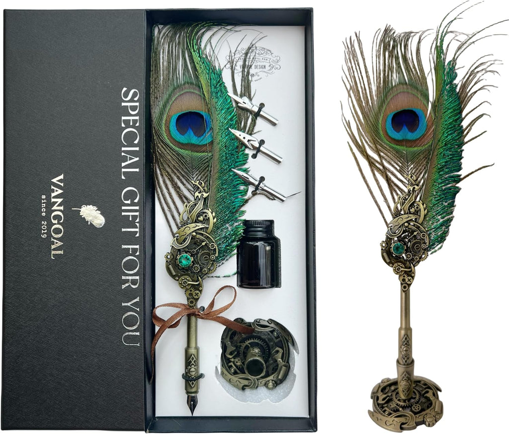 VANGOAL Peacock Feather Pen and Ink Set with Gift Box, Vintage Quill Pen for Writing, Calligraphy Pen Set for Office Supplies, Birthday, Wedding, Christmas Gift (Green - Peacock Feathers)