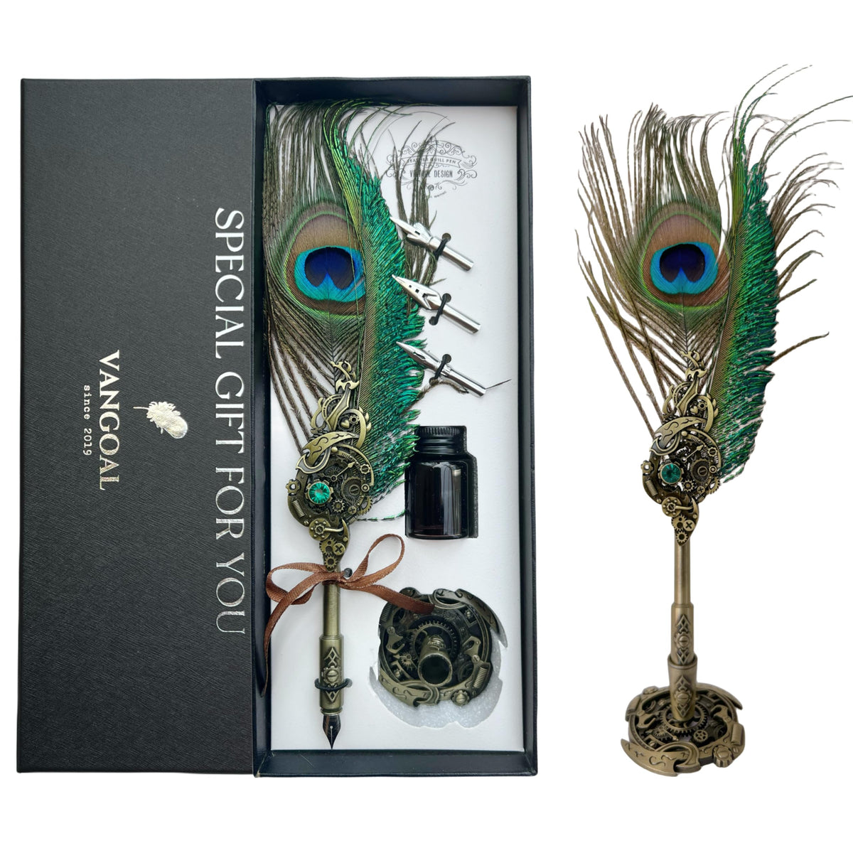 VANGOAL Peacock Feather Pen and Ink Set with Gift Box, Vintage Quill Pen for Writing, Calligraphy Pen Set for Office Supplies, Birthday, Wedding, Christmas Gift (Green - Peacock Feathers)