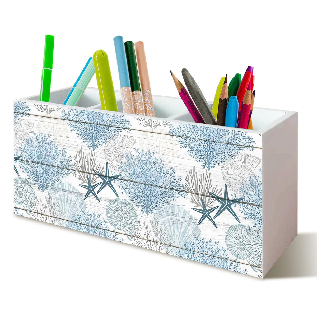 Beach Gifts for Women Men, The Beach Is My Happy Place Pen Holder for Home Office Kitchen Desk Decor, Beach Wooden Pencil Holder Sign Organizer for Home Office Desk Accessories,
