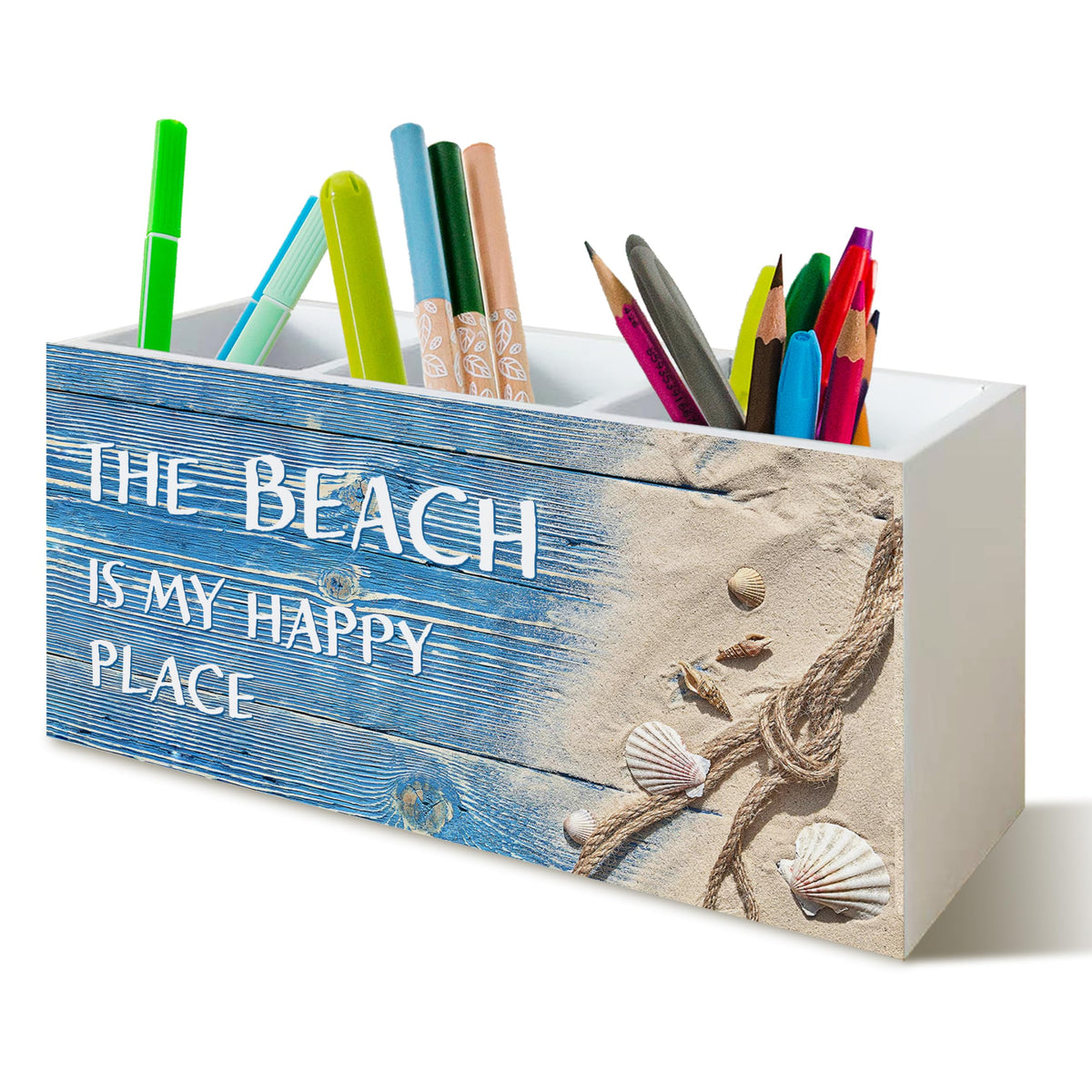 Beach Gifts for Women Men, The Beach Is My Happy Place Pen Holder for Home Office Kitchen Desk Decor, Beach Wooden Pencil Holder Sign Organizer for Home Office Desk Accessories,