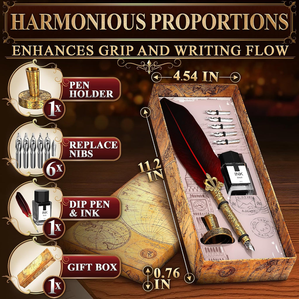 Lagarto Feather Pen and Ink Set, 11.4", 6 Steel Nibs, Inkwell (Red)