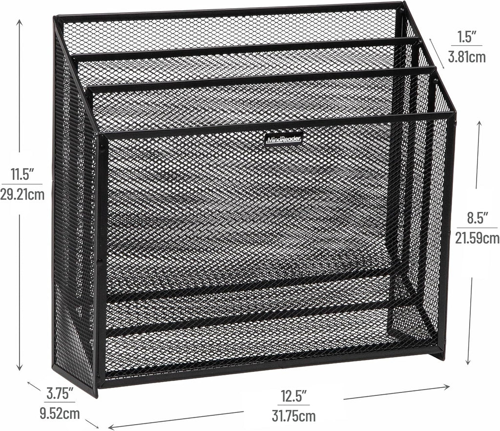 Mind Reader Vertical File Storage, Desktop Organizer, Workspace, Office, Metal Mesh, 12.5"L x 3.75"W x 11.5"H, Black