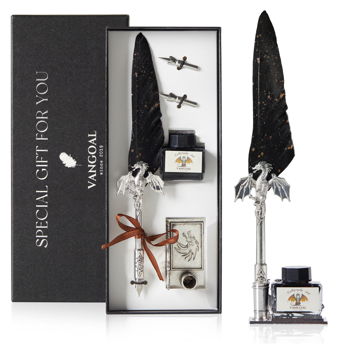 VANGOAL Dragon Quill Pen and Ink Set, Vintage Dragon Feather Pen with Novelty Pen Base, Retro Carving Dip Pen Calligraphy Pen Gift Set for Writing, Drawing(Dark Blue)