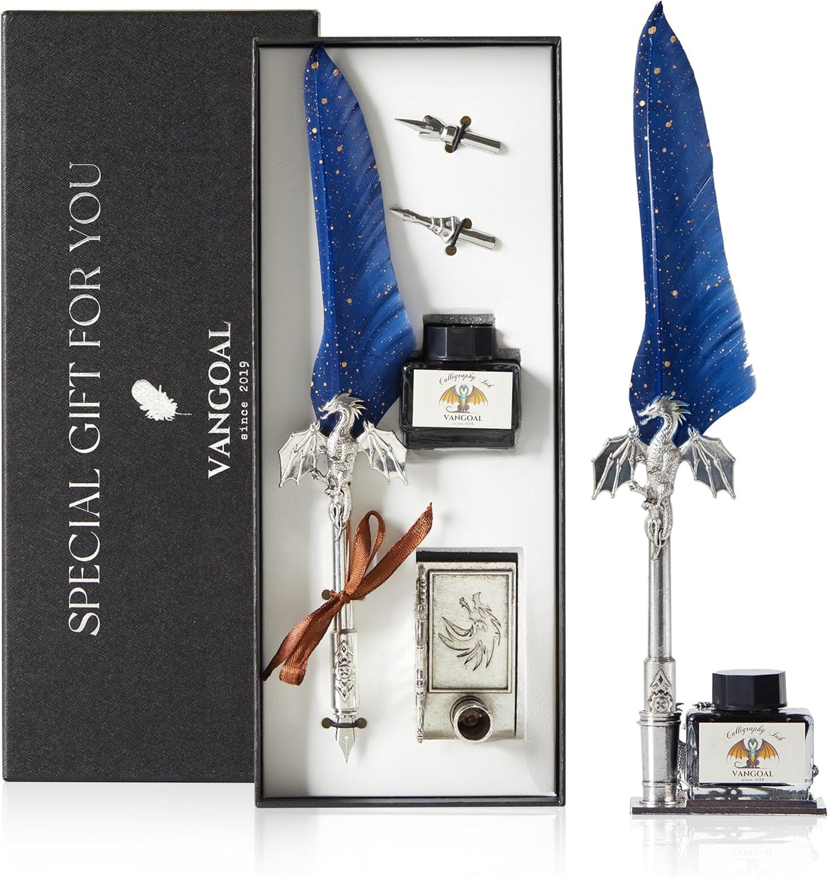 VANGOAL Dragon Quill Pen and Ink Set, Vintage Dragon Feather Pen with Novelty Pen Base, Retro Carving Dip Pen Calligraphy Pen Gift Set for Writing, Drawing(Dark Blue)