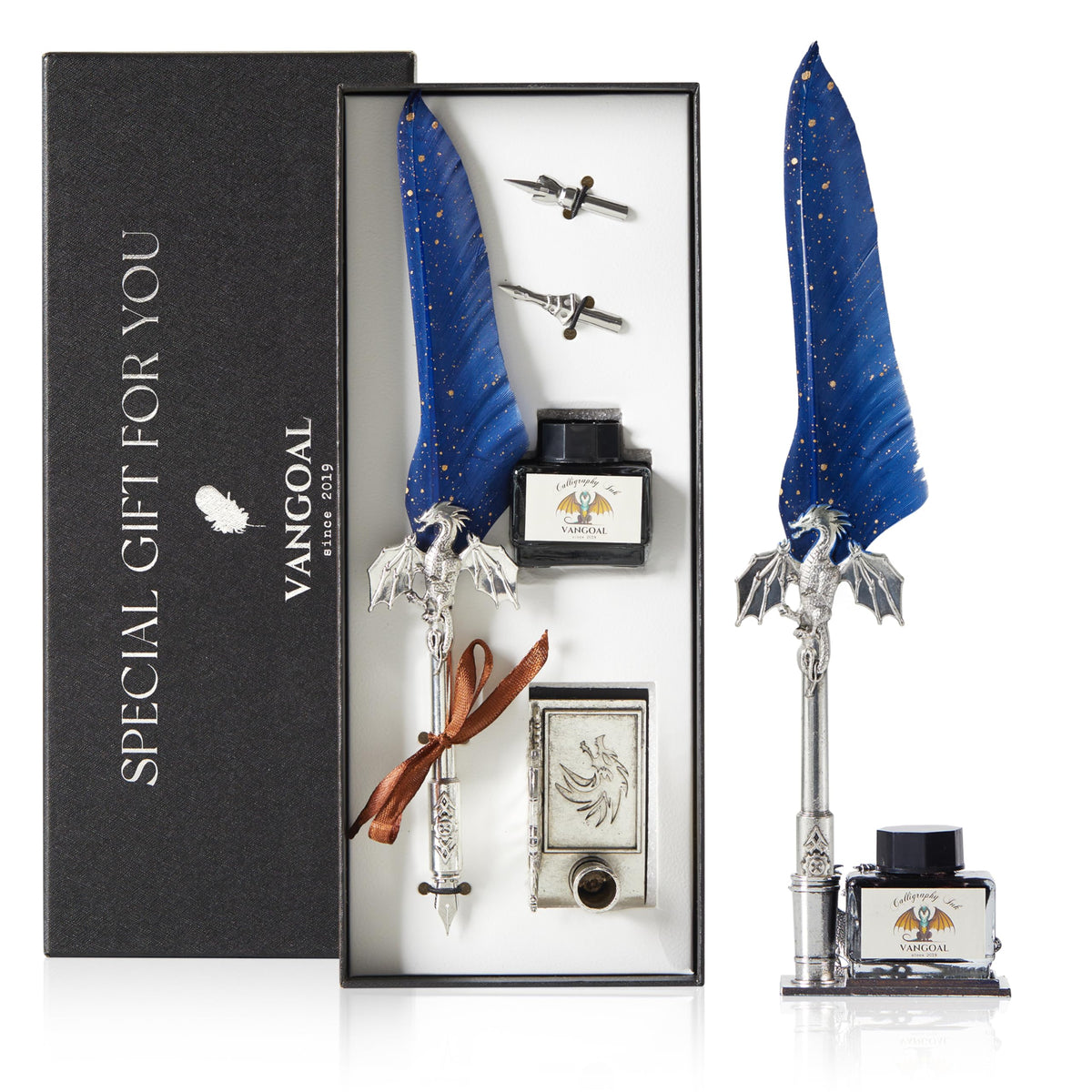 VANGOAL Dragon Quill Pen and Ink Set, Vintage Dragon Feather Pen with Novelty Pen Base, Retro Carving Dip Pen Calligraphy Pen Gift Set for Writing, Drawing(Dark Blue)