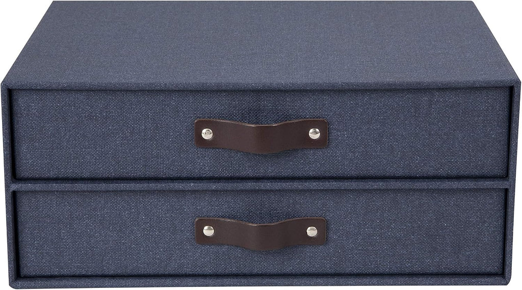 Bigso Birger 2-Drawer Canvas Fiberboard Easy Pull Handle Document Letter Box | Desktop Drawers for Loose Papers and Documents | Desktop Storage Drawers with Leather Handles | 13.1” x 10” x 5.7” | Blue