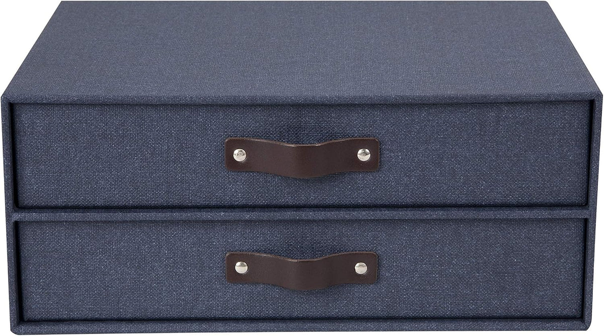 Bigso Birger 2-Drawer Canvas Fiberboard Easy Pull Handle Document Letter Box | Desktop Drawers for Loose Papers and Documents | Desktop Storage Drawers with Leather Handles | 13.1” x 10” x 5.7” | Blue