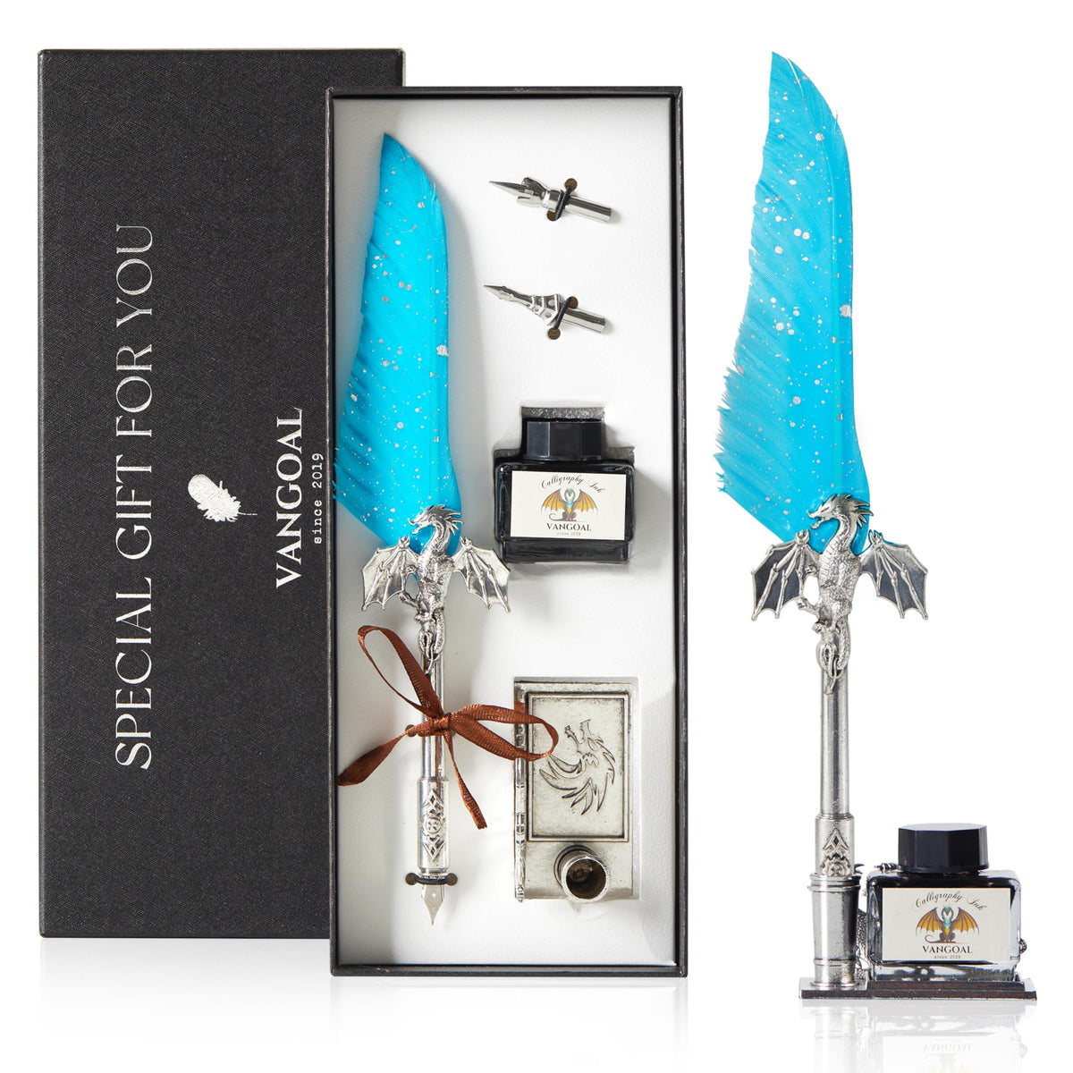VANGOAL Dragon Quill Pen and Ink Set, Vintage Dragon Feather Pen with Novelty Pen Base, Retro Carving Dip Pen Calligraphy Pen Gift Set for Writing, Drawing(Dark Blue)