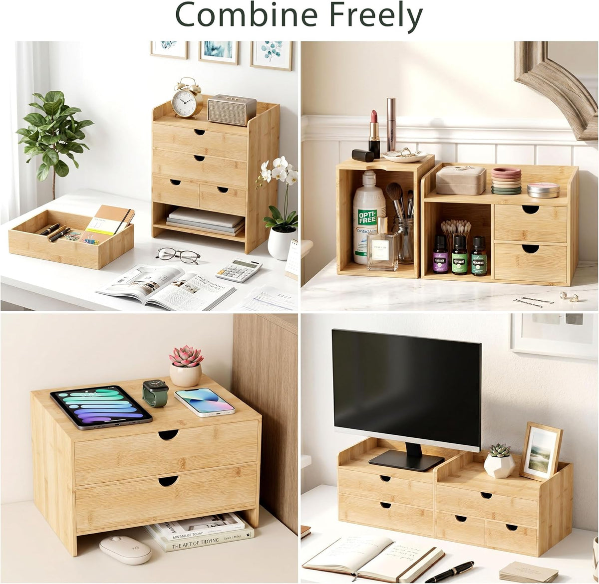 Bamboo Desk Organizer with Drawers, Desktop Storage for Office Supplies