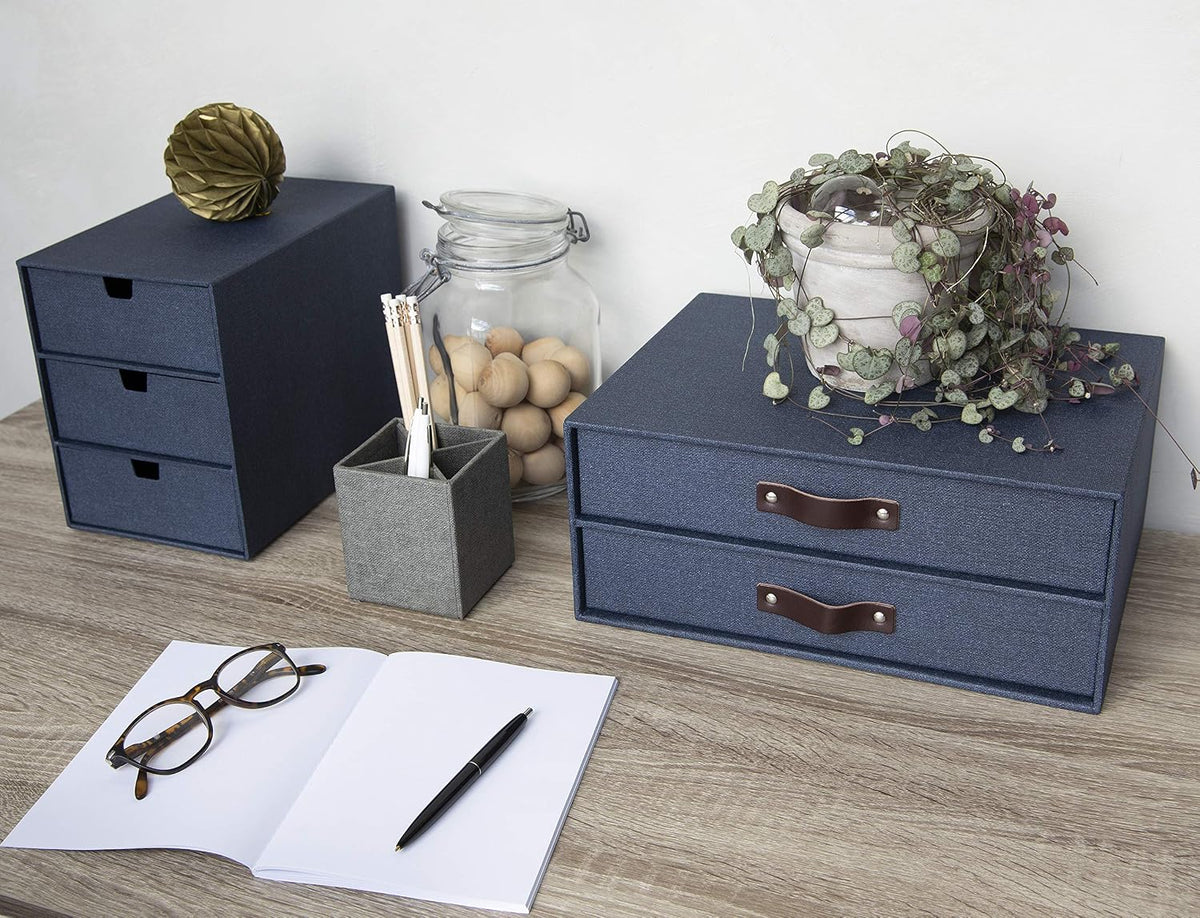 Bigso Birger 2-Drawer Canvas Fiberboard Easy Pull Handle Document Letter Box | Desktop Drawers for Loose Papers and Documents | Desktop Storage Drawers with Leather Handles | 13.1” x 10” x 5.7” | Blue