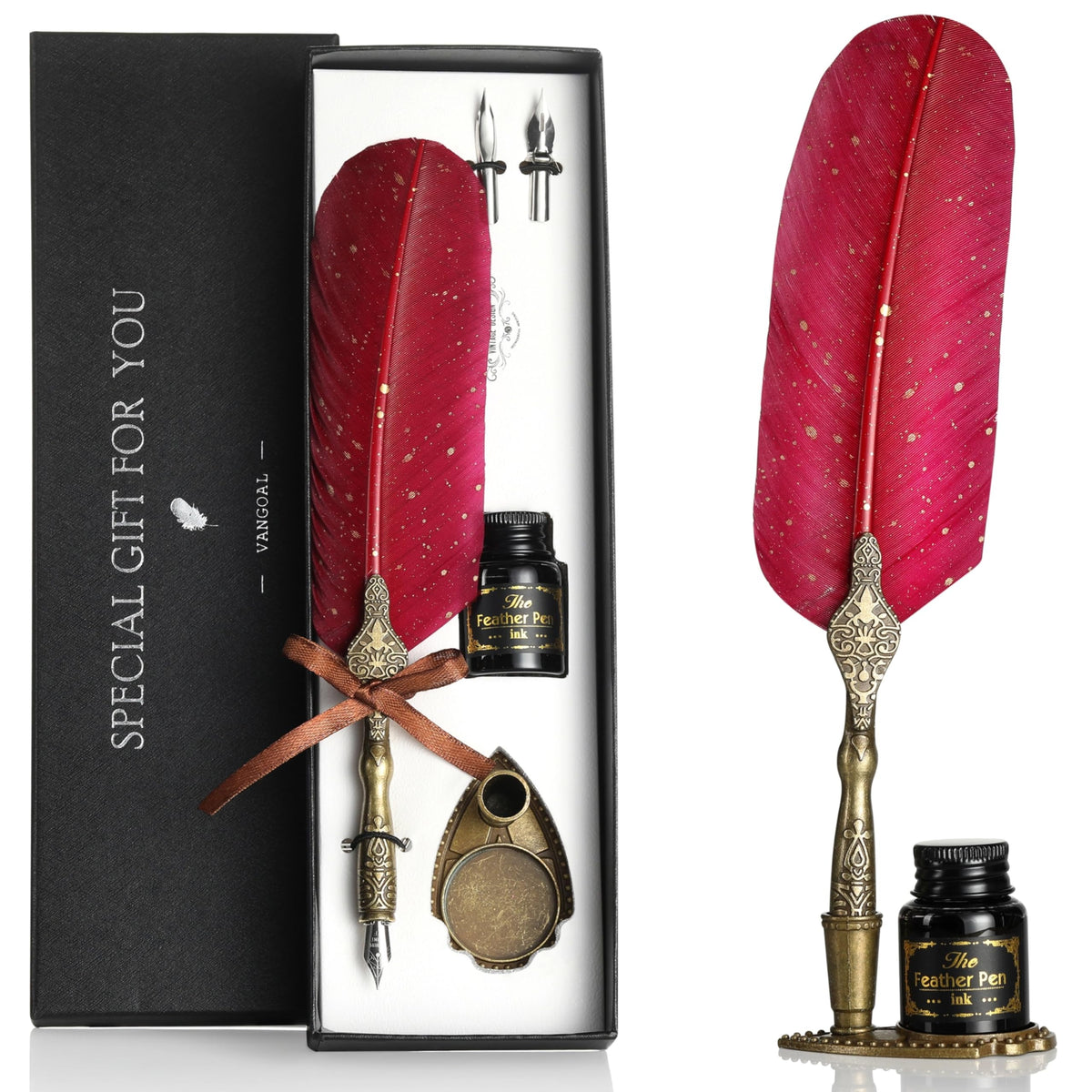 VANGOAL Vintage Green Feather Pen and Ink Set, Classic Series Goose Quill Pen with Carving Pen Stand, Calligraphy Pen Nibs, Black Dip Pen Ink, Antique Writing Gift for Writer