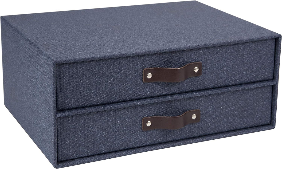 Bigso Birger 2-Drawer Canvas Fiberboard Easy Pull Handle Document Letter Box | Desktop Drawers for Loose Papers and Documents | Desktop Storage Drawers with Leather Handles | 13.1” x 10” x 5.7” | Blue