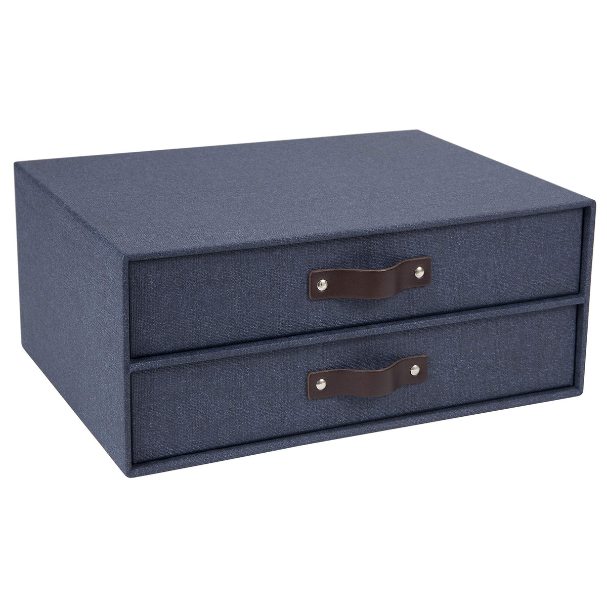 Bigso Birger 2-Drawer Canvas Fiberboard Easy Pull Handle Document Letter Box | Desktop Drawers for Loose Papers and Documents | Desktop Storage Drawers with Leather Handles | 13.1” x 10” x 5.7” | Grey