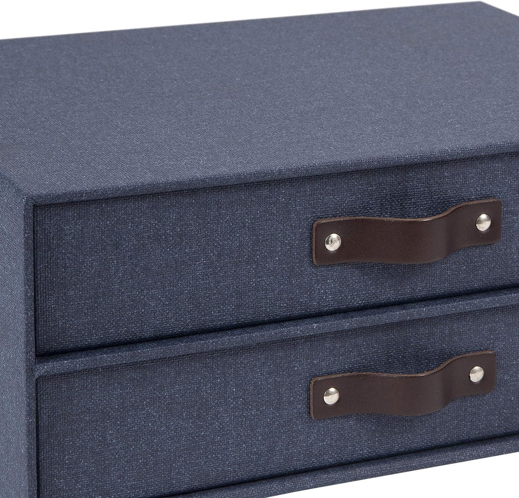 Bigso Birger 2-Drawer Canvas Fiberboard Easy Pull Handle Document Letter Box | Desktop Drawers for Loose Papers and Documents | Desktop Storage Drawers with Leather Handles | 13.1” x 10” x 5.7” | Blue